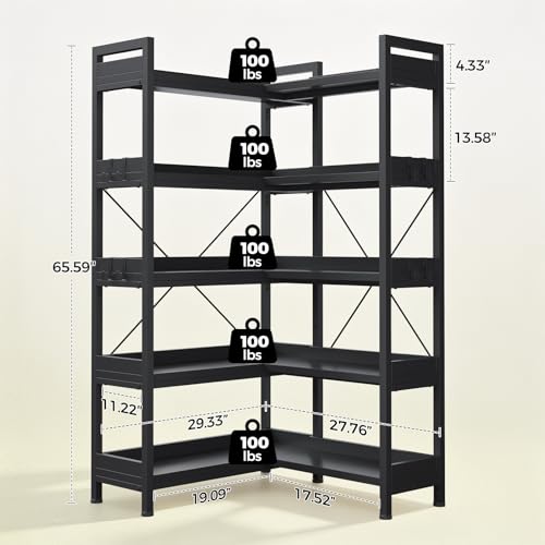 GTPLAYER 5-Tier Corner Bookshelf, L-Shaped Metal Frame Shelf with Tall 14" Shelves, Plant Stand and Storage Rack for Small Spaces, Living Room and Home Office, Black - color: Black, size: 5 Tier
