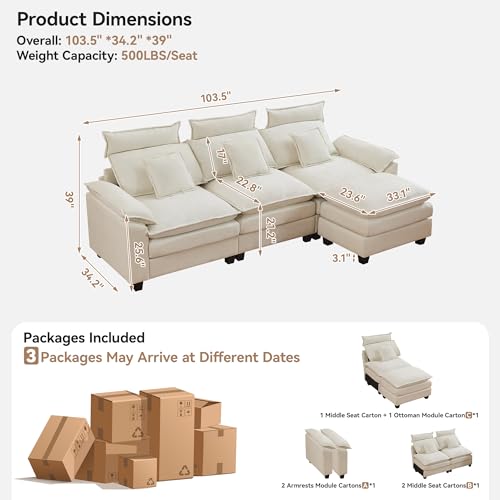 103'' Cloud Modern 3 Seater Couch with Detachable Headrest, Modular Sectional Sofa with Ottoman, Oversized L Shape Chenille Comfy Sofa with Armrests for Living Room, Beige - color: Beige, size: L Shaped Couch