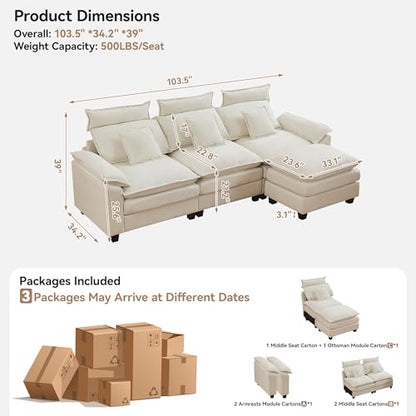 103'' Cloud Modern 3 Seater Couch with Detachable Headrest, Modular Sectional Sofa with Ottoman, Oversized L Shape Chenille Comfy Sofa with Armrests for Living Room, Beige - color: Beige, size: L Shaped Couch