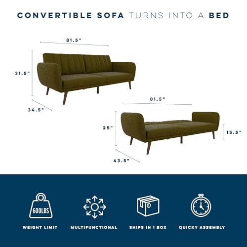 Novogratz Brittany 82 Inch Futon Sofa Bed in Faux Leather, Upholstered Couch Sleeper with Tufted Back, Mid-Century Modern Design, Green - color: Green