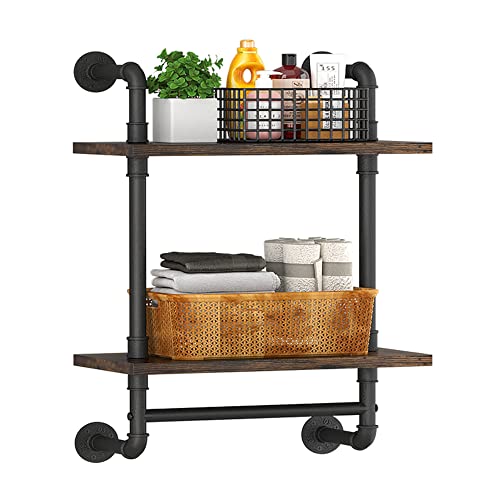 Helsin 2 Tier Industrial Pipe Floating Bathroom Shelves Wall Mounted with Towel Bar, Rustic Wood Wall Shelf, 16 Inch Metal Towel Rack Storage Bookshelf for Bathroom, Kitchen, Farmhouse, Living Room - color: Brown, size: 16inch