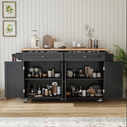 67 Kitchen Island Cart with Drop Leaf Breakfast Bar, Rolling Mobile Kitchen Island Table on Wheels with Storage Cabinet, Drawer, Spice/Towel Rack, Black - size: 67 Inch