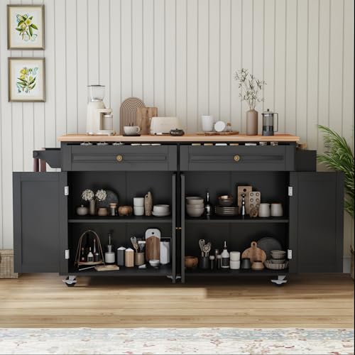 Kitchen Island Cart with Wood Top and Drop Leaf, Rolling Kitchen Island Table on Wheels with Drawer, Storage Cabinet, Spice Rack and Towel Rack for Dining Room, Black - size: 67.1" W, style: Black