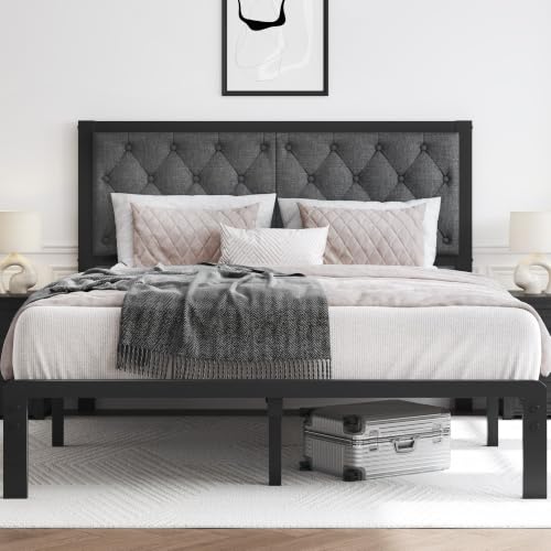 HISOFT Queen Bed Frame with Upholstered Button Tufted Headboard, Bed Frame Platform Metal Slats Support, Under Bed Storage, No Box Spring Needed, Noise-Free, Easy Assembly, Grey - color: Grey, size: Queen