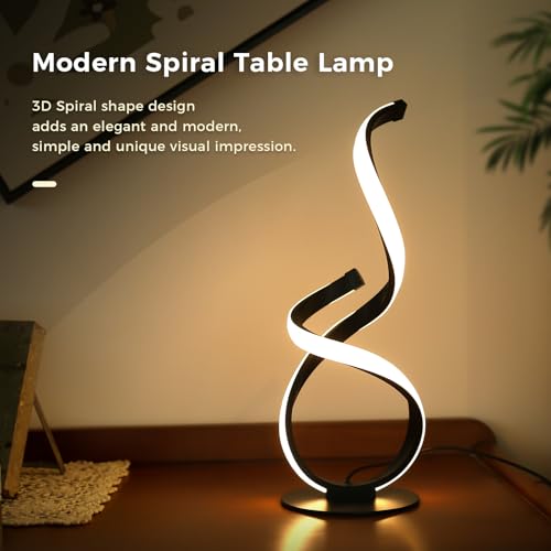 Modern Dimmable LED Spiral Touch Table Lamp for Nightstand | 3 Color Temperature Desk Lamp, Unique Bedside Light for Living Room, Bedroom, Cool Lamps for Ideal Gift, Black - style: S-Shape-Black