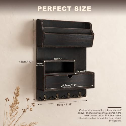 Rebee Vision Pine Wood Key Holder Wall Mount with Drawer, Distressed Black | Mail and Key Organizer for Wall, Mail Slot, 4 Hooks for Keys, Entryway Organization, Perfect Envelope Holder for Home Decor - color: Distressed Black