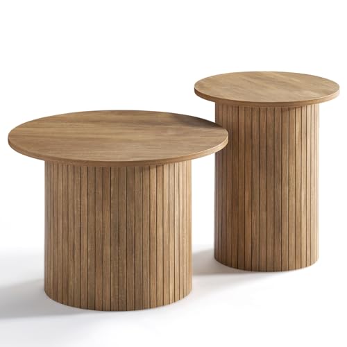 Nesting Coffee Table Set of 2, Mid Century Modern Round Coffee Tables, Wood Slat Side Table Set for Living Room, Office, Balcony (Natural Oak) - color: Natural Oak