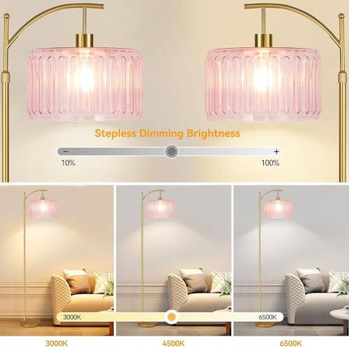 ILLMTW Pink Floor Lamp for Living Room,Bedroom,Gold Dimmable Standing Lamp with Remote,Mid Century Modern Brass Tall Lamp Boho Floor Lamps Arc Stained Glass Flower Floor Light Lamp Girls kids Bohemian - size: Floor Lamp-32