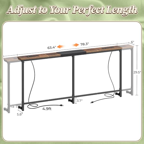Huuger 63.4-78.3'' Extendable Behind Couch Table with Outlets, Rustic Brown | Stepless Length Adjustment, 2 Power Stations with USB-C Ports, Long Console Table, Slim Sofa Table - color: Rustic Brown, size: 62.9- 78.3"W x 29.5"H