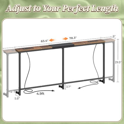 Huuger 63.4-78.3'' Extendable Behind Couch Table with Outlets, Rustic Brown | Stepless Length Adjustment, 2 Power Stations with USB-C Ports, Long Console Table, Slim Sofa Table - color: Rustic Brown, size: 62.9- 78.3"W x 29.5"H