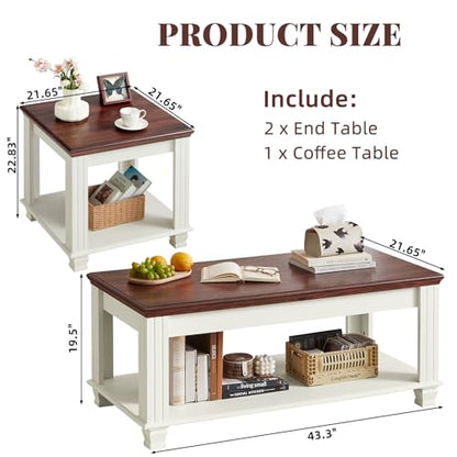 Farmhouse Coffee Table Set of 3, White | Rustic Wood 3 Piece Coffee and End Table Sets with Open Shelf for Living Room - color: White