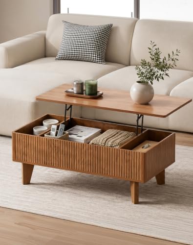 Rectangular Lift Top Coffee Table with Storage, 41.5" Mid Century Modern Living Room Center Table, Wood Fluted Coffee Table for Home Office, Walnut - color: Walnut-rectangle