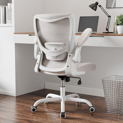 Office Chair, PU Leather Ergonomic Desk Chair with Adjustable Lumbar Support and Flip up Armrest, Breathable Mesh Computer Chair for Home Office, Khaki - color: Cream Khaki (Pu Leather Seat)