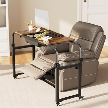 GiftGo Overbed Table with Wheels Rolling Laptop Desk Cart Table for Recliner Over Chair Adjustable for Hospital and Home Use Over The Bed Table with Storage Drawer and Cup Holder (Rustic Brown) - color: Rustic Brown