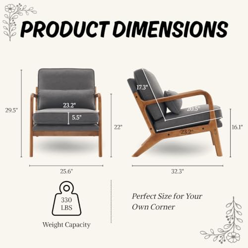 Karl home Mid-Century Modern Accent Reading Chair, Grey | Linen Upholstered, Solid Wood Frame, Soft Cushion, Lumbar Pillow, Lounge Armchair for Living Room, Bedroom, Balcony, Study - color: Linen Gray