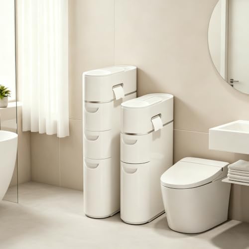 BGYMF 2-Tier Narrow Slim Bathroom Storage Cabinet with Wheels,White | No Installation Required,ABS and PP,Water Resistant,with Drawers,for Small Spaces Corner