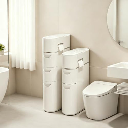 BGYMF 2-Tier Narrow Slim Bathroom Storage Cabinet with Wheels,White | No Installation Required,ABS and PP,Water Resistant,with Drawers,for Small Spaces Corner