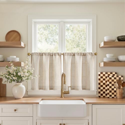 jinchan Striped Linen Kitchen Tier Curtains, 20 Inch, Tan, 2 Panels | Light-filtering linen blend tiers with rod pockets for farmhouse kitchens, bathrooms, laundry rooms and small windows. - color: Rod Pocket Tan, size: 26"W x 20"L (Pack of 2)