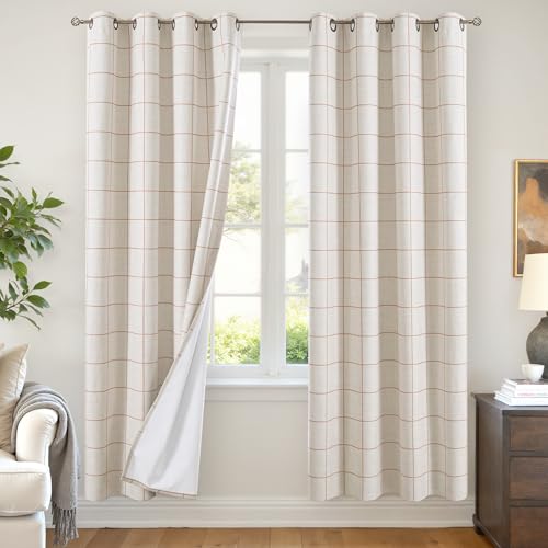 Linen Blackout Curtains for Living Room - Plaid Patterned Curtains 72 Inch Long, Boho Black Out Thermal Insulated Drapes for Bedroom Grommet Style 52x72 Inch 2 Panels, Terracotta - color: Terracotta, size: 52"W x 72"L (Pack of 2)