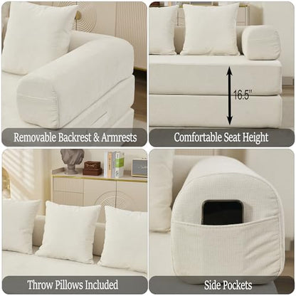 Convertible Folding Sofa Bed Modular Floor Couch, 78.8‘’ Cloud Sleeper Sofa with Removable Backrest, Chenille Foldable Mattress Couch, Lazy Loveseat for Small Space, Apartment, Bedroom, Beige - color: #3-beige