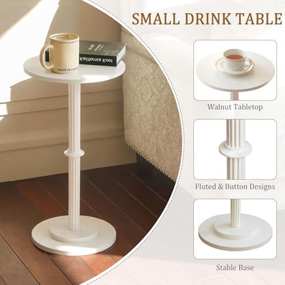 MaxSmeo Drink Table, Small Side Table for Small Spaces, Modern Round End Table with Fluted Wood Leg, White - color: White