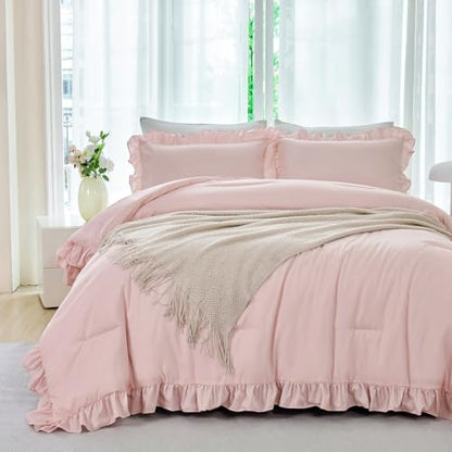 ANGIYUIN 5 Pieces Blush Pink Ruffled Comforter Sets Full Farmhouse Bed in A Bag with Layer Ruffle Soft Lightweight Bedding Sets with Sheet Sets, Pillowcases（Blush Pink Full） - color: Blush Pink, size: Full(5Pcs)