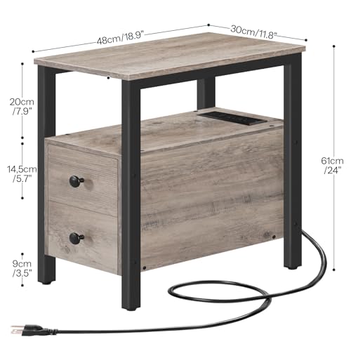 HOOBRO End Table with Charging Station, Narrow Side Table with 2 Drawers & USB Ports & Power Outlets, Nightstand for Small Spaces, Bedroom, Living Room, Stable and Sturdy, Greige and Black BG541BZ01 - color: Greige + Black