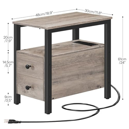 HOOBRO End Table with Charging Station, Narrow Side Table with 2 Drawers & USB Ports & Power Outlets, Nightstand for Small Spaces, Bedroom, Living Room, Stable and Sturdy, Greige and Black BG541BZ01 - color: Greige + Black