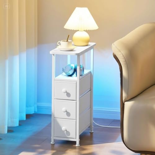 Narrow End Table with Charging Station, Narrow Side Table with Drawer, Small Nightstand with LED Light, Skinny Nightstand, Small Bedside Table for Living Room, Bedroom, Couch, White - color: White, size: 7.9" W x 18.9" D, style: Power + Light
