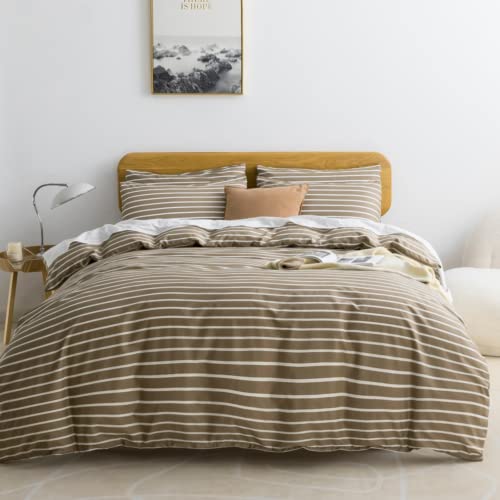 JELLYMONI 100% Cotton Wide Striped Twin Duvet Cover Set, Khaki | Classic Stripes, 8 Corner Ties & Double-Head Hidden Zipper, Breathable and Soft, For Kids & Dorm Rooms - color: 1608, size: Twin(68"×90")
