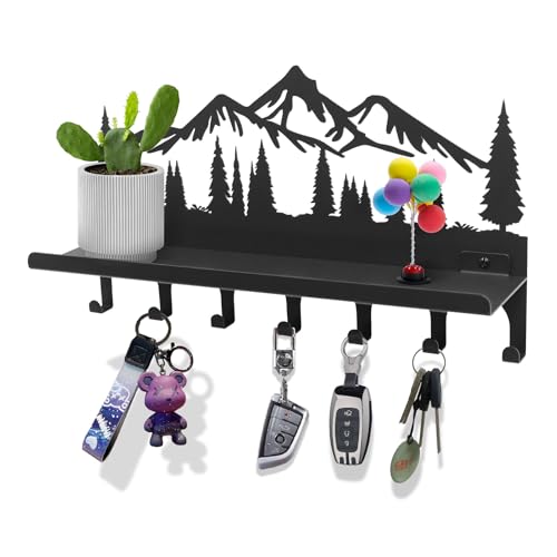 Wall Mounted Mountain Key & Mail Holder with Shelf | Metal Key Organizer with 2 in 1 Key Hooks for Entryway, Hallway, Office - color: Mountain (2 in 1), size: 12 Inch