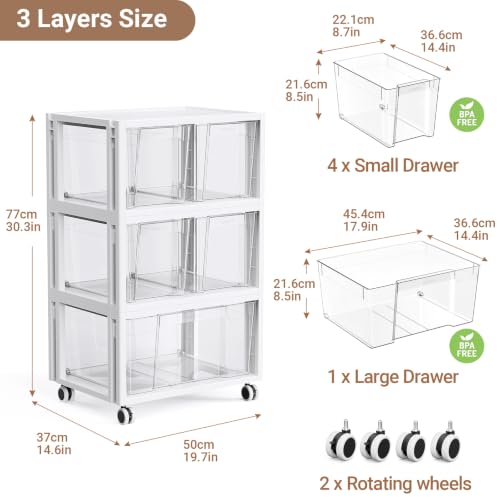 Stackable Storage Drawer Carts, Extra Large Bins 3 Tier 5 Drawers | Smooth Pull-Out Drawers, Clear Plastic Storage Organizer Container For Home Office Bedroom Bathroom Art Crafts Under Desk - size: 3 Tier 5 Drawer