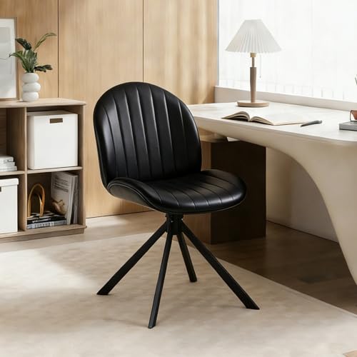 PU Leather Swivel Office Chair No Wheels, Small Comfy Mid Century Armless Desk Chair, Cute Swivel Vanity Chairs No Wheels for Small Spaces, Bedroom,Living Room,Home Office, Black - color: Black-pu