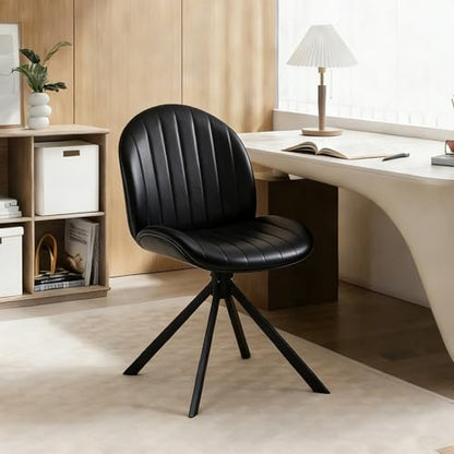 PU Leather Swivel Office Chair No Wheels, Small Comfy Mid Century Armless Desk Chair, Cute Swivel Vanity Chairs No Wheels for Small Spaces, Bedroom,Living Room,Home Office, Black - color: Black-pu