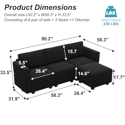 Belffin Modern L Shaped Velvet Sectional Sofa with Chaise, Black, Storage, Adjustable Arm/Backrest - color: Black, size: L Shape Sofa