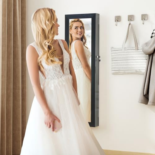 8 LED Lights Jewelry Armoire with Mirror with Storage And 2 Drawers | 47.3” H Mirror Jewelry Cabinet Door Hanging/Wall Mounted Mirror Black - color: Black, size: 47.3*14.6 LED Mirror