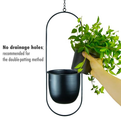 Modern Metal Hanging Planters with 6 Inch Pots and Sturdy Rods - Set of 2 Oval Geometric Plant Hangers - Black Wall and Ceiling Mount Flower Holders for Indoor and Houseplants - size: OVAL-6 INCH POT