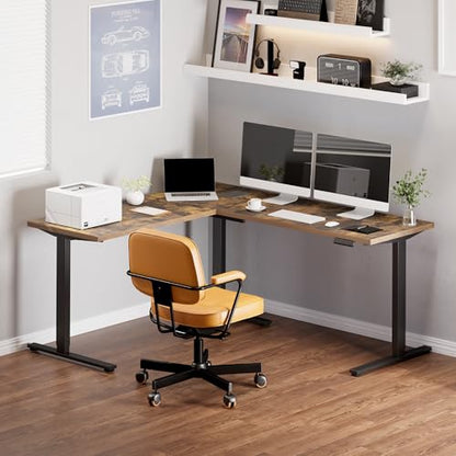 SANODESK 71x63 Reversible L-Shaped Electric Standing Corner Computer Desk | 28.3"-45.9" Adjustable Height, 4 Presets, 3-Leg Holds 220 Lbs, Spacious Top For Multi-Monitors, 2-Box Ship, Rustic Brown