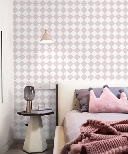 Safiyya 196"x 17.3" Pink and White Checkered Wallpaper Geometric Funky Peel and Stick Wallpaper Self Adhesive Removable Contact Paper Pink Check Wall Paper for Bedroom - color: Pink, size: 17.3" x 196"