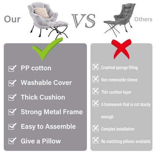 Lazy Chair with Ottoman, Plush Reading Chair with Pillow，Grey | Removable machine-washable cover; includes an extra throw pillow; cozy accent chair for living room, bedroom, dorm or office - color: Plush Light Grey