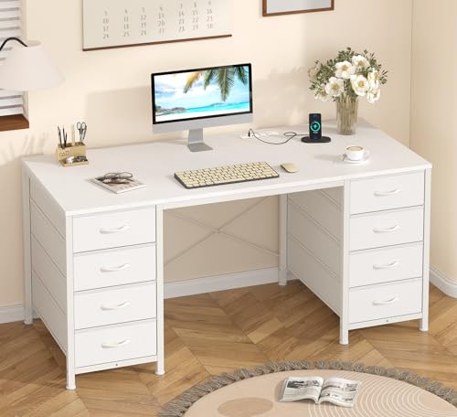 50 Inch Computer Desk with 8 Drawers for Home Office, Bedroom, Living Room | Home Office Desk with Power Outlets, Work Study Gaming Desk with 8 Fabric Drawers, Vanity Desk for Bedroom - color: White, size: 18.9"D x 50.4"W x 29.3"H