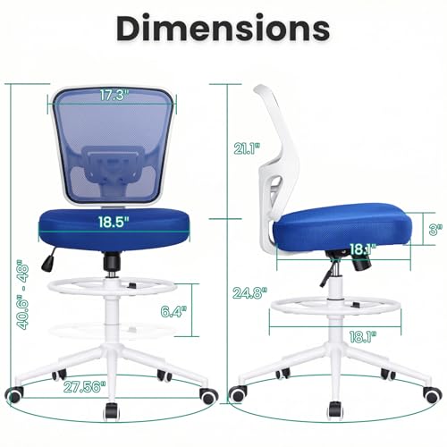 Armless Drafting Chair Tall Office Chair for Standing Desk - Adjustable Height Mesh Ergonomic Stool with Foot Ring, Rolling Counter Height Computer Chair for Small Spaces & Home Office - color: Klein Blue