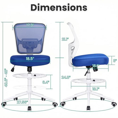 Armless Drafting Chair Tall Office Chair for Standing Desk - Adjustable Height Mesh Ergonomic Stool with Foot Ring, Rolling Counter Height Computer Chair for Small Spaces & Home Office - color: Klein Blue