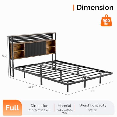 VINGLI Full Size Floating Bed Frame with Headboard, LED Lights & Charging Station, Cozy Velvet Upholstered Headboard, Hidden Storage, Heavy Duty Metal Frame, No Box Spring Needed, Easy Assembly, Black - color: Industrial Brown, size: Full