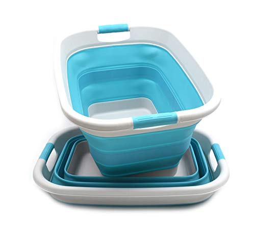 SAMMART 37L (9.77 Gallon) Collapsible Plastic Laundry Basket - Foldable Pop Up Storage Container/Organizer - Portable Washing Tub - Space Saving Hamper/Basket (2, Grey/Bright Blue)