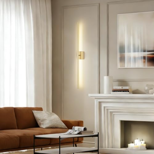 Battery Operated Wall Sconce, 3000K-6000K Dimmable Gold Wall Lights with Remote Control, Timable LED Wireless Wall Sconces, 350° Ratate for Bathroom, Living Room, Hallway 39.4 Inch 1 Pack - color: Gold, size: 39.4in(1 Pack)