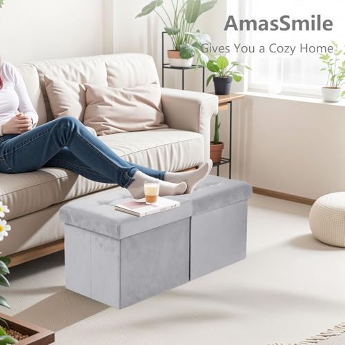 AmasSmile Footrest Ottoman Storage Bench,34" Velvet Folding Chest,Grey | Large Ottoman with Storage,Thicker Foam Padded Seat,Livingroom,Dorm,Bedroom,Entryway,Easy to install,34 x 13 x 13in - color: Grey-velvet