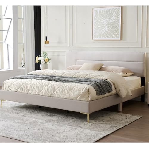 Kings Brand Furniture Verona Upholstered Wooden Bed Frame with Headboard, Low-Profile Platform Design - Solid Wood Platform with Accent Legs for Bedroom (Brown/Gold) (Full) - size: Full