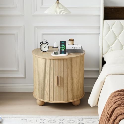 Fluted Round End Table with Charging Station, 24" Side Table,Natural | Large Farmhouse Sofa Side Table Living Room, Mid-Century Wood Nightstand with Sliding Tambour Door & Storage, Round End Table - color: Natural