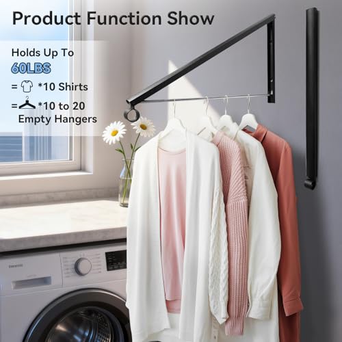 Drying Rack Wall Mount, Retractable Laundry Hanging Rack Wall Mount, Folding Wall Mounted Clothes Hanger for Laundry Room Organization and Storage, Aluminium Black Dryer Rack 1pcs